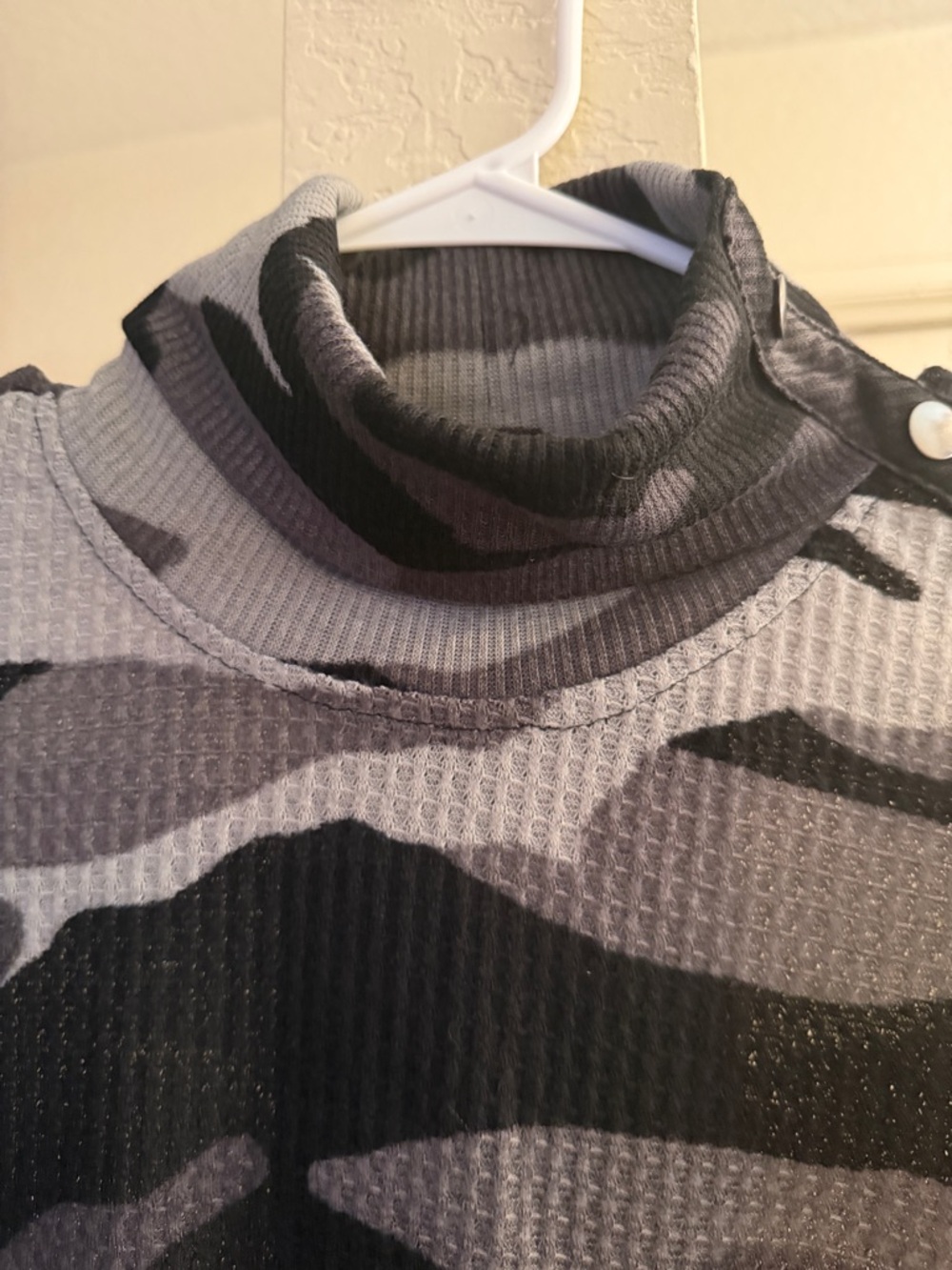 French Laundry Women's Grey and Black Camouflage Turtleneck Sweater